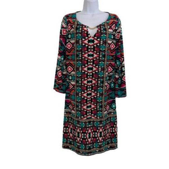 Haani Dress Womens Size XL Geometric Bell Sleeves Below Knee Chain Neck Colorful - Picture 1 of 6